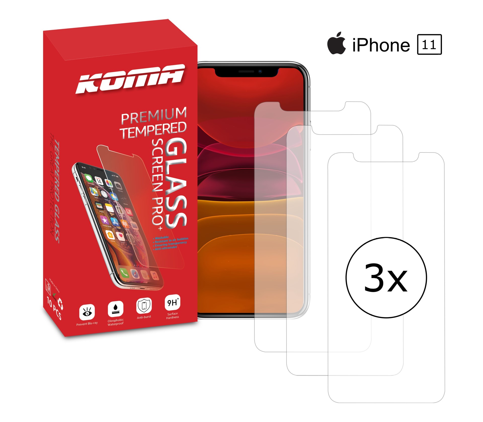 KOMA Sada 3 ochranných tvrzených skel pro iPhone 11, zaoblení 2.5 D, tvrdost 9H