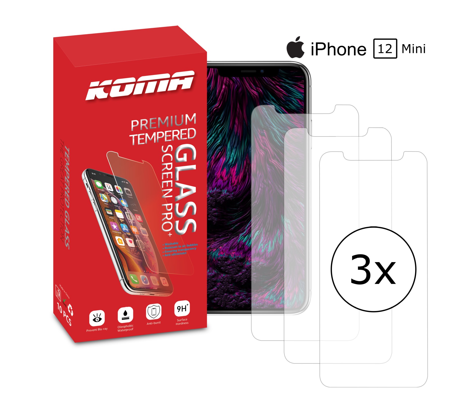 KOMA Sada 3 ochranných tvrzených skel pro iPhone 12 Mini, zaoblení 2.5 D, tvrdost 9H