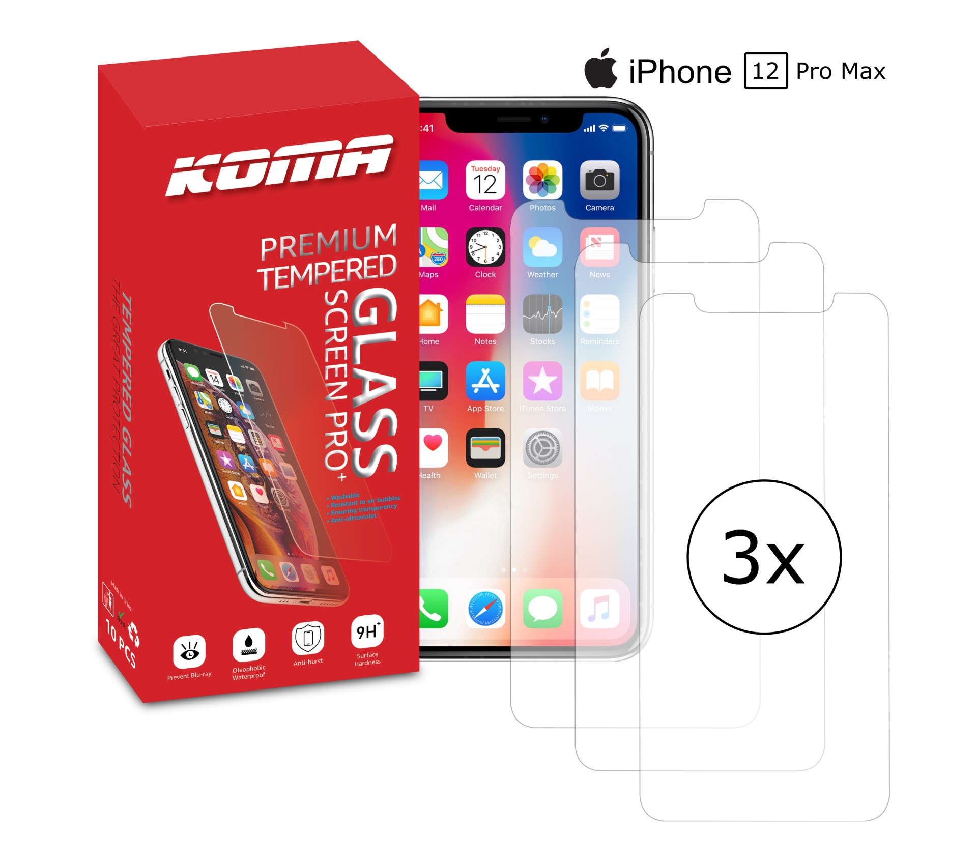 KOMA Sada 3 ochranných tvrzených skel pro iPhone 12 Pro Max, zaoblení 2.5 D, tvrdost 9H