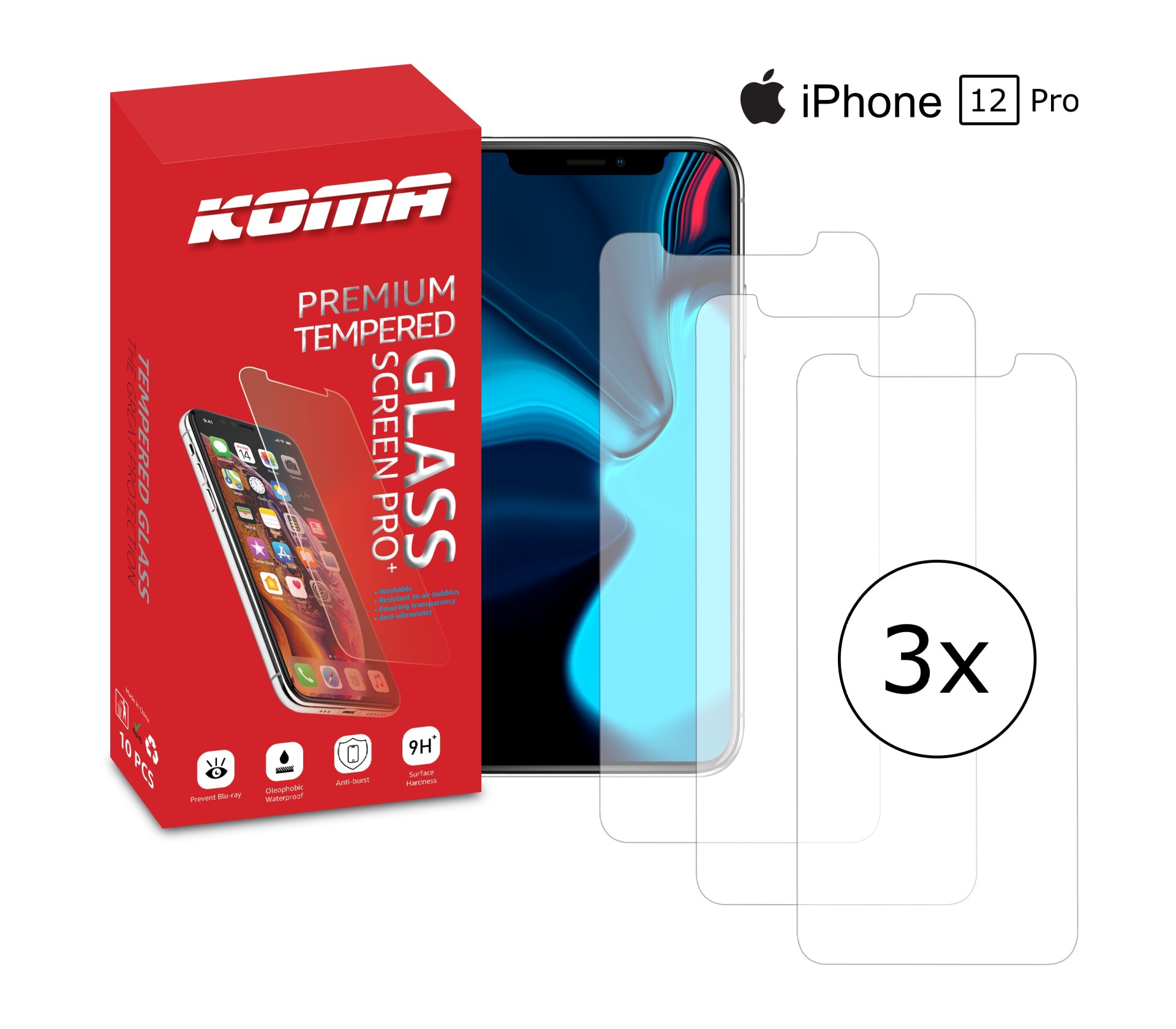 KOMA Sada 3 ochranných tvrzených skel pro iPhone 12 Pro, zaoblení 2.5 D, tvrdost 9H