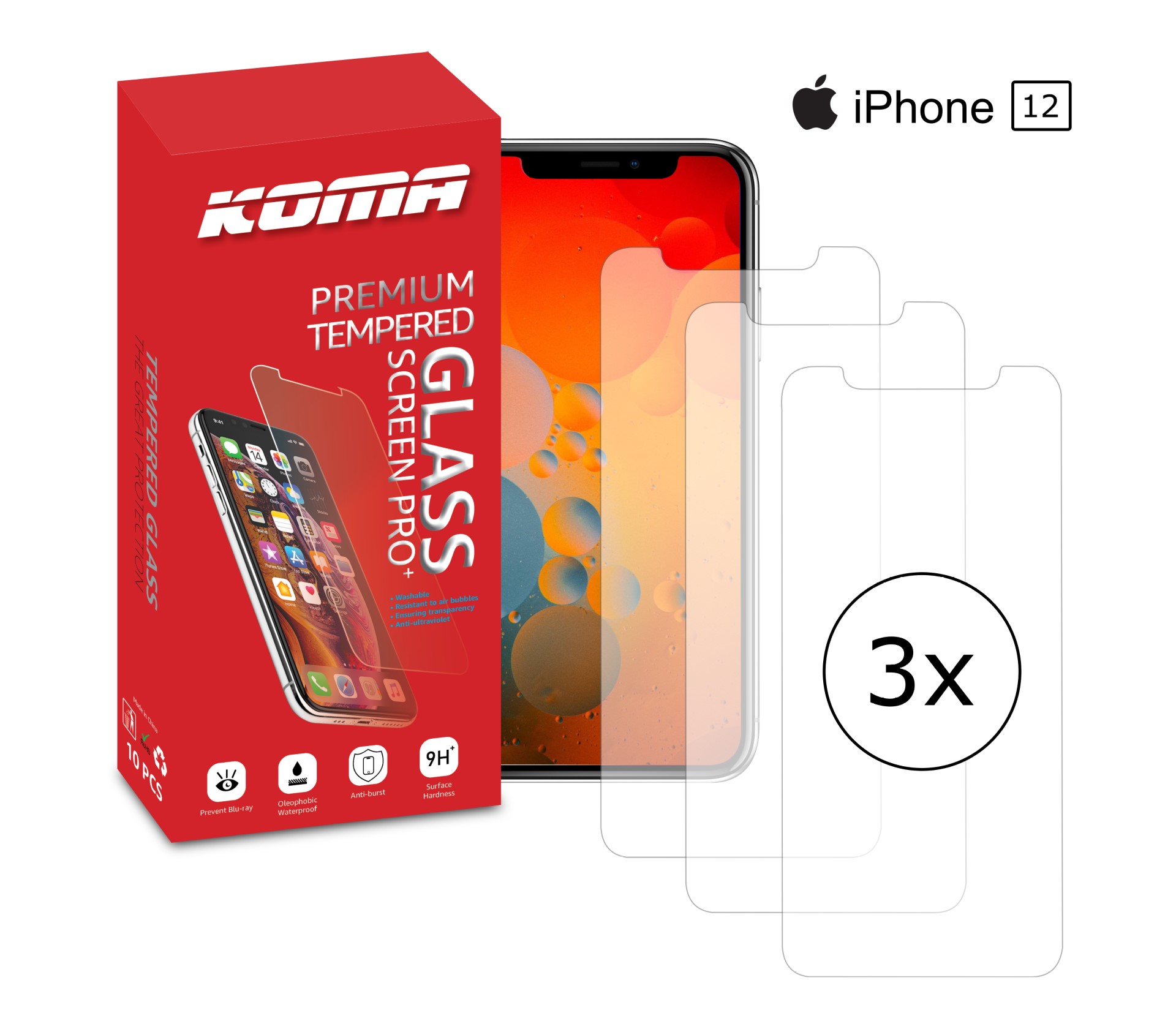 KOMA Sada 3 ochranných tvrzených skel pro iPhone 12, zaoblení 2.5 D, tvrdost 9H