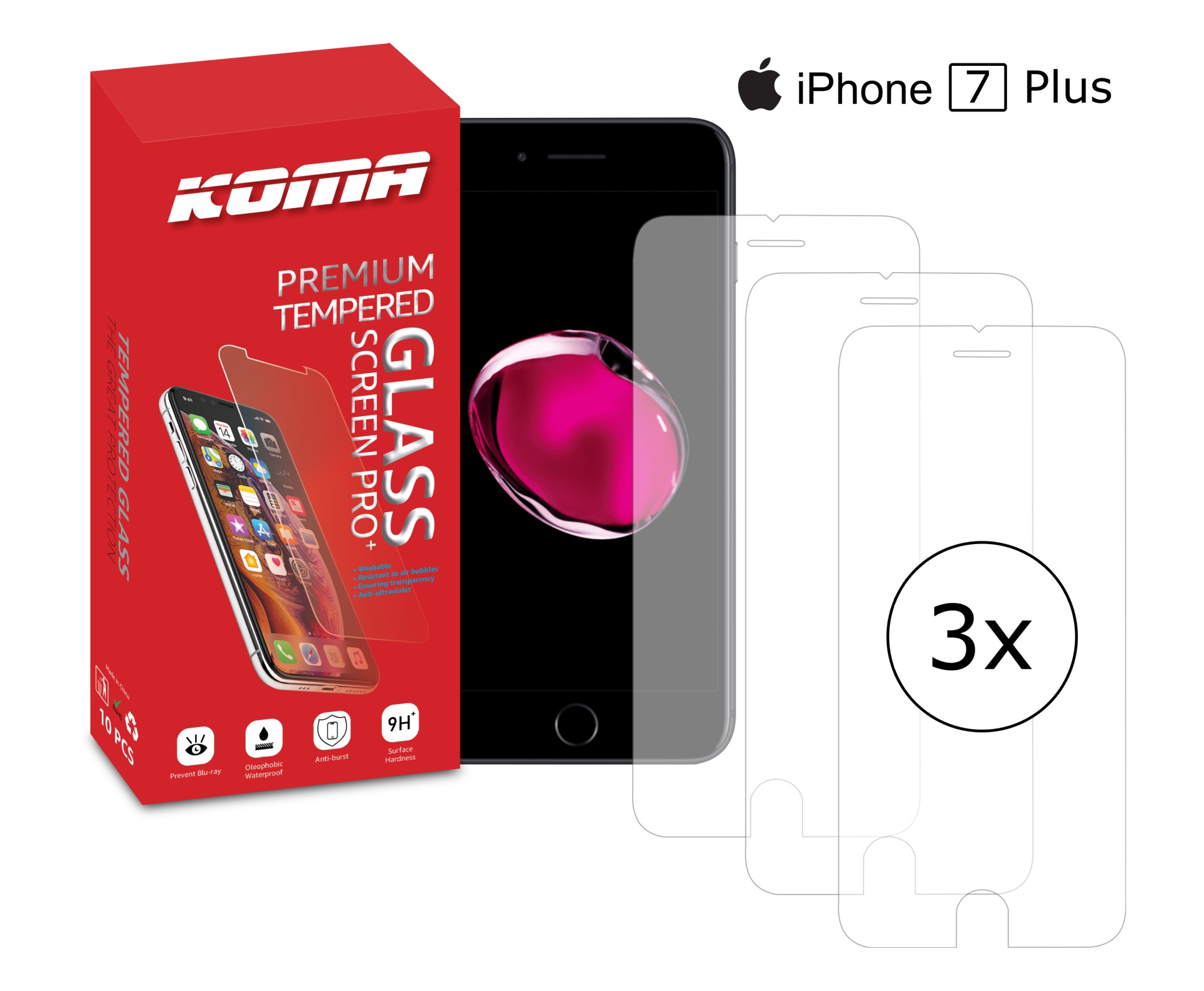 KOMA Sada 3 ochranných tvrzených skel pro iPhone 7 Plus, zaoblení 2.5 D, tvrdost 9H