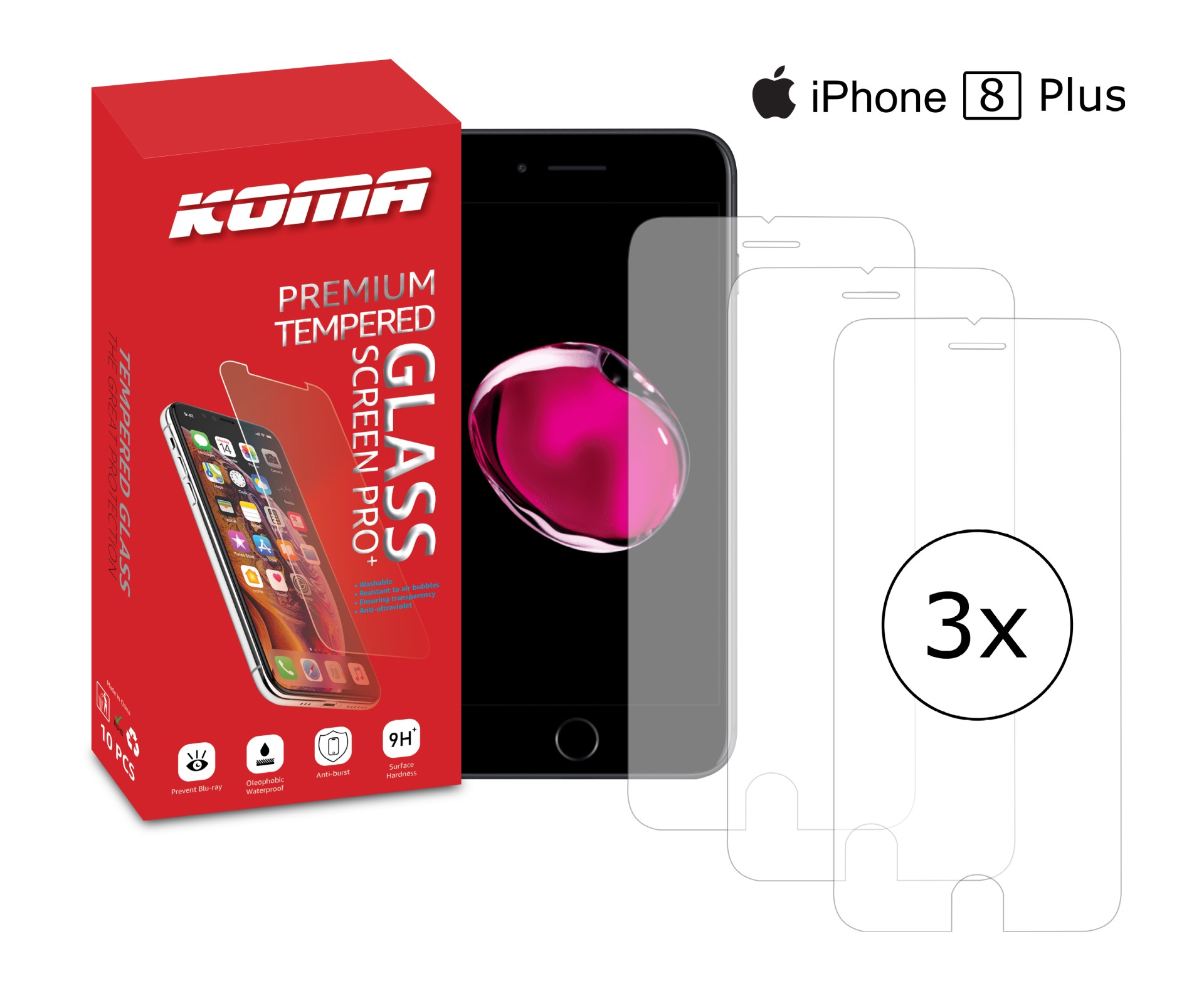 KOMA Sada 3 ochranných tvrzených skel pro iPhone 8 Plus, zaoblení 2.5 D, tvrdost 9H