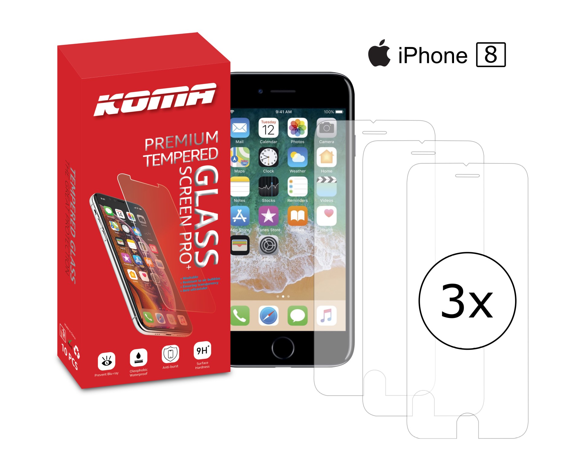 KOMA Sada 3 ochranných tvrzených skel pro iPhone 8, zaoblení 2.5 D, tvrdost 9H