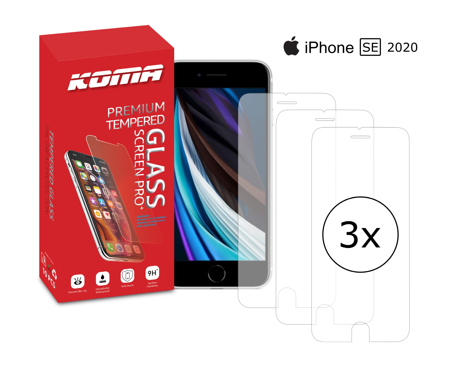 KOMA Sada 3 ochranných tvrzených skel pro iPhone SE 2020, zaoblení 2.5 D, tvrdost 9H