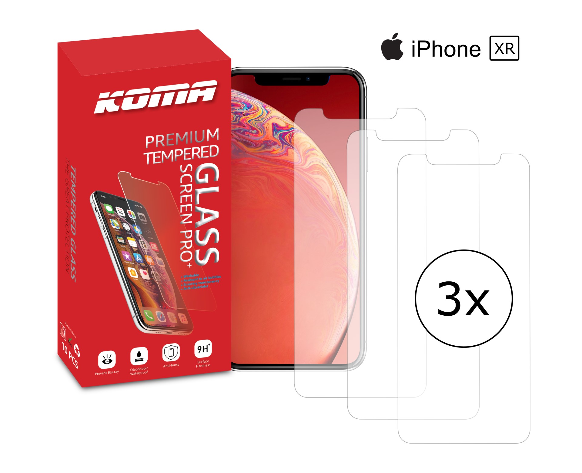 KOMA Sada 3 ochranných tvrzených skel pro iPhone XR, zaoblení 2.5 D, tvrdost 9H