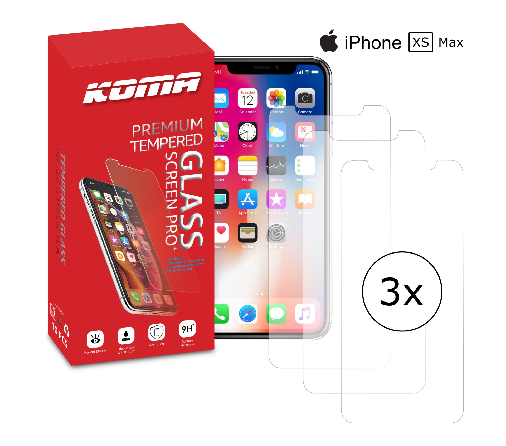 KOMA Sada 3 ochranných tvrzených skel pro iPhone XS Max, zaoblení 2.5 D, tvrdost 9H