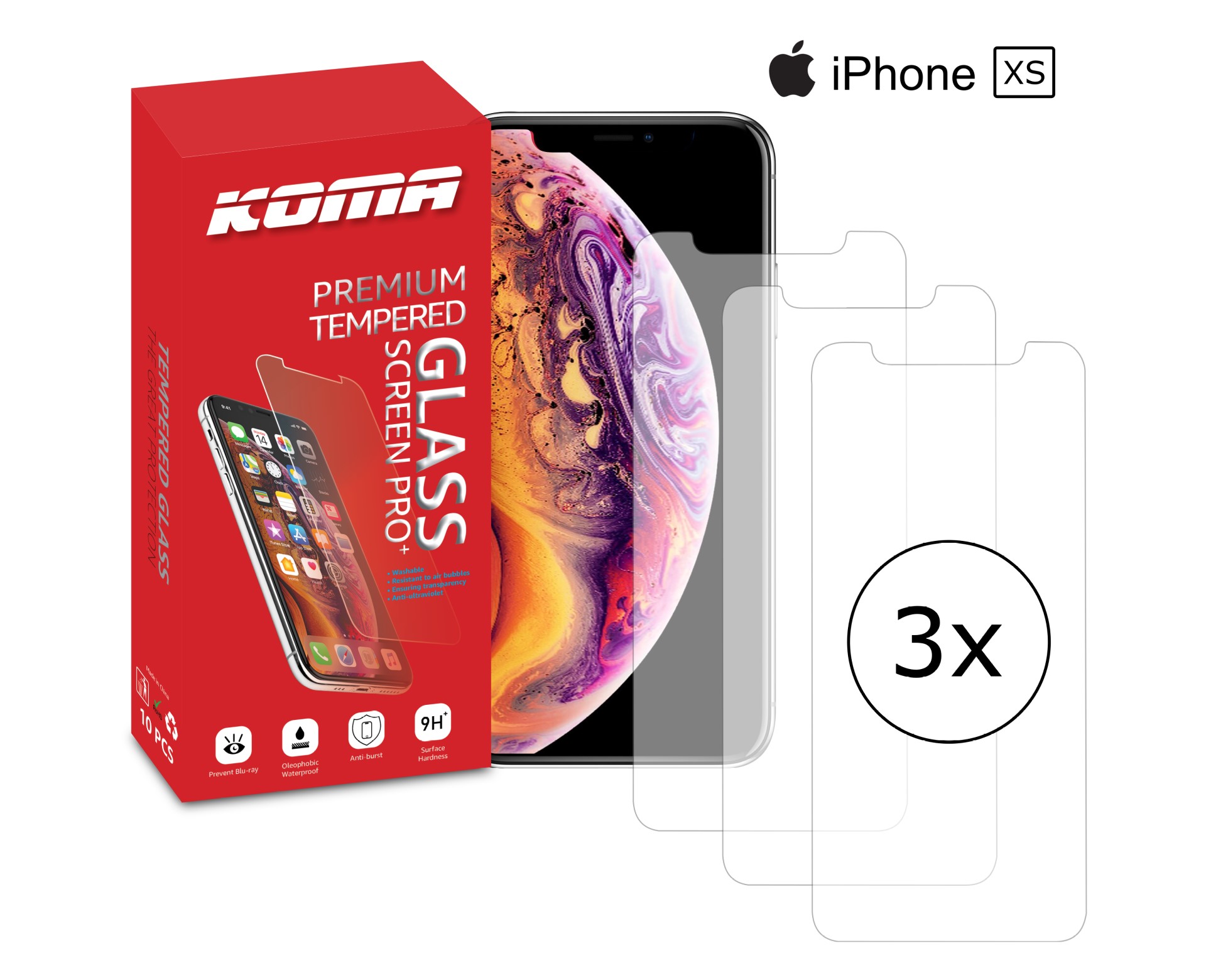 KOMA Sada 3 ochranných tvrzených skel pro iPhone XS, zaoblení 2.5 D, tvrdost 9H