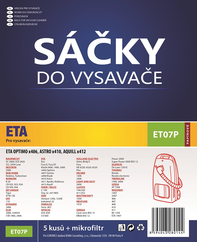 KOMA Euronics ET07P - Sáčky do vysavače ETA Optimo 1406 papírové