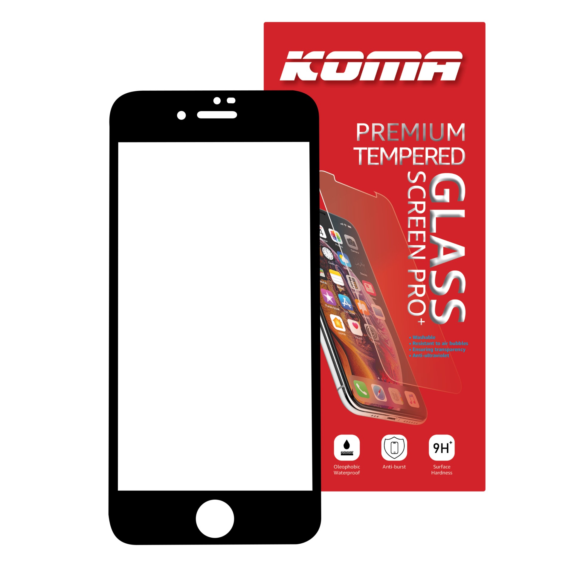 KOMA Tvrzené sklo Full Cover pro iPhone 7/8/SE 2020, zaoblení 3D, tvrdost 9H