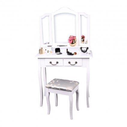 Toaletný stolík s taburetom, biela/strieborná, REGINA NEW 0000228277