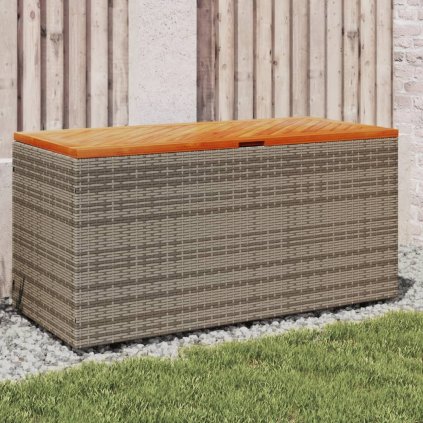Záhradný úložný box sivý 110x50x54 cm polyratan akáciové drevo 365956