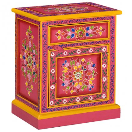 Nočný stolík, masívne mangovníkové drevo, ružový, ručne maľovaný 244835