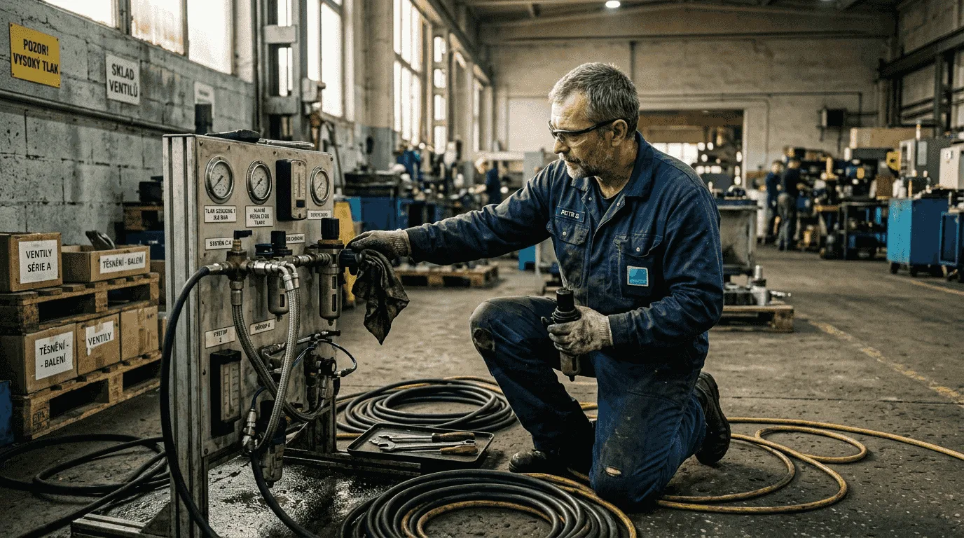 Technik nastavuje pneumatické řízení ve výrobním provozu