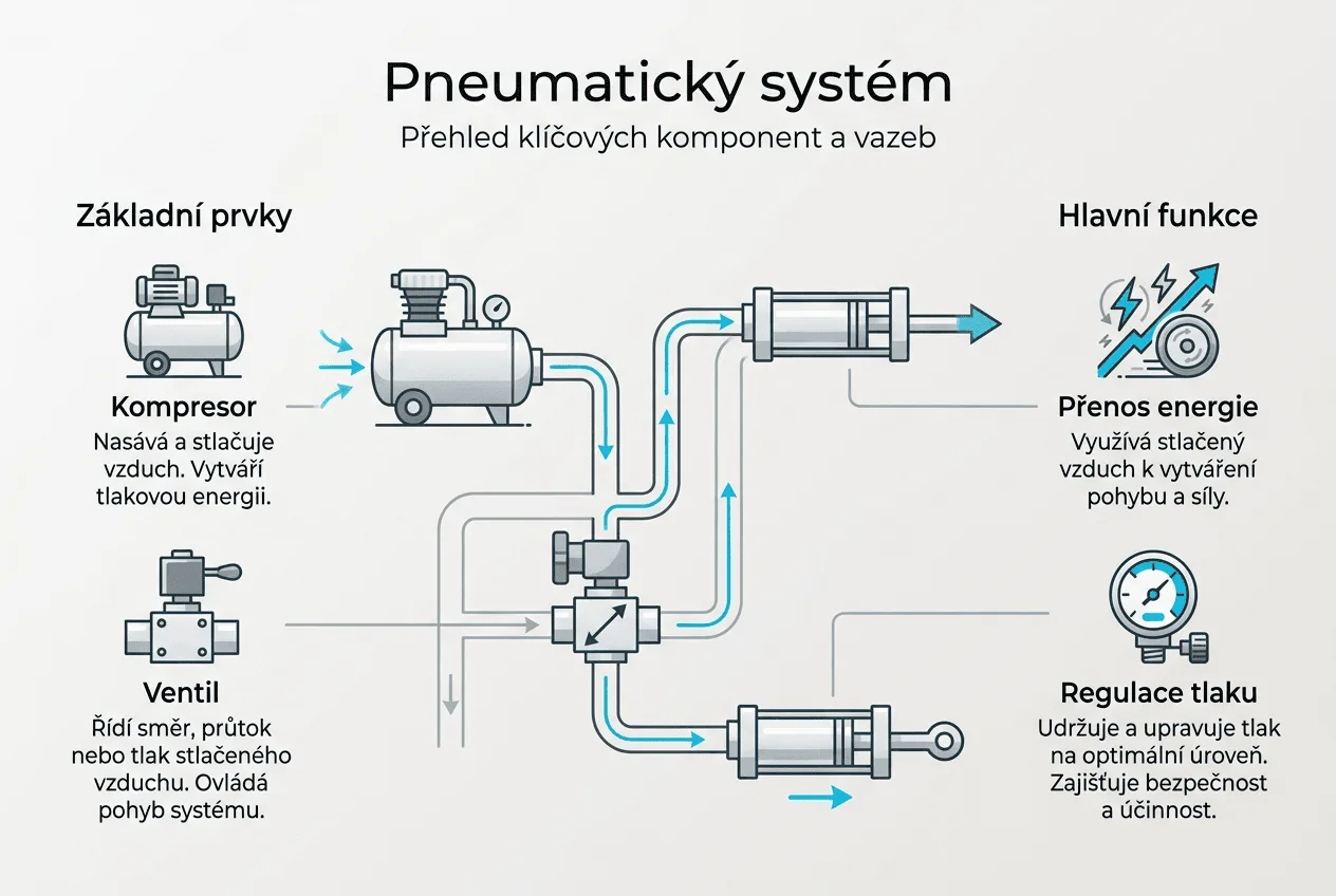Infografika funkcí pneumatických systémů v průmyslu