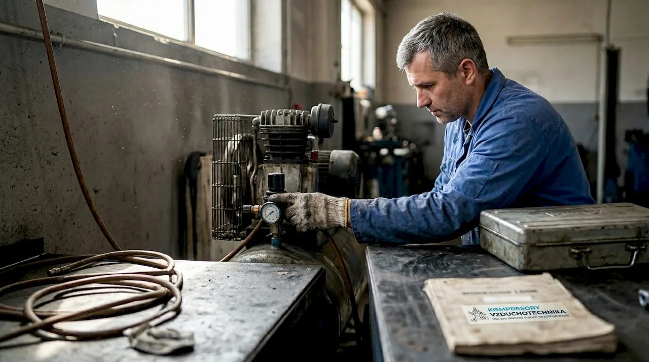Technik nastavuje regulátor tlaku na kompresoru v servisní dílně