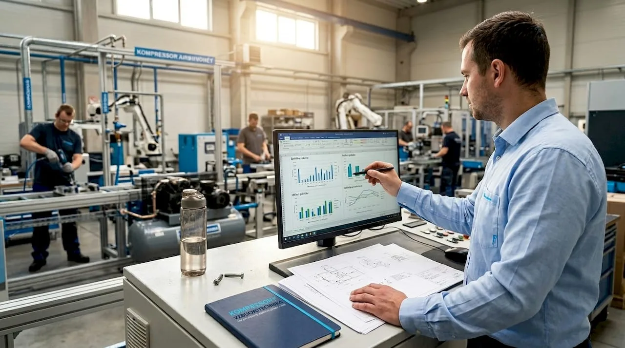 Manažer výroby analyzující data o spotřebě vzduchu na výrobní hale
