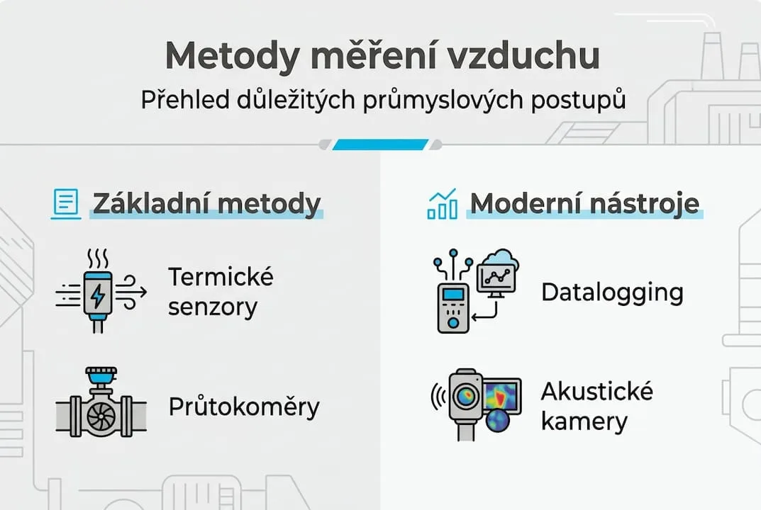 Infografika znázorňující technologie a metody měření spotřeby stlačeného vzduchu
