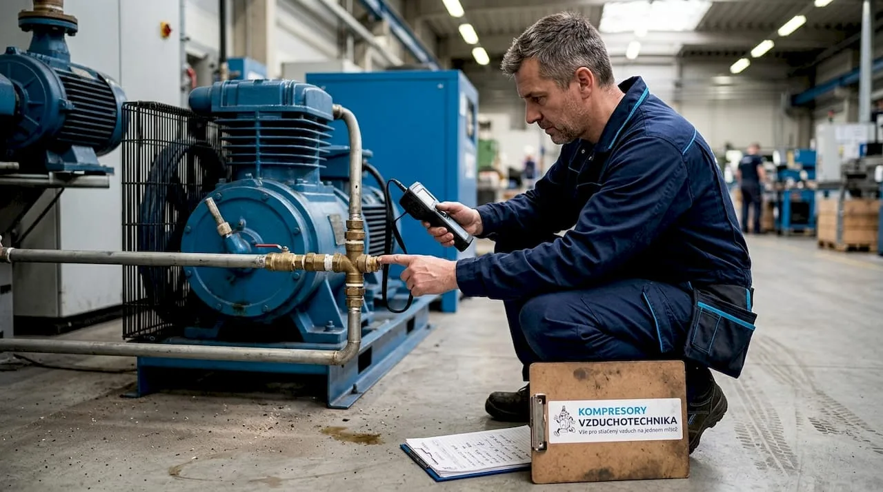 Servisní technik provádějící detekci úniků vzduchu na průmyslovém kompresoru