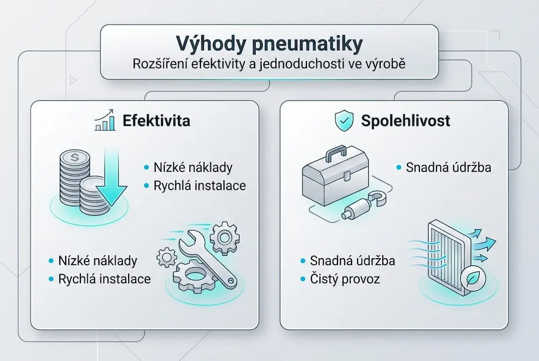 Infografika znázorňující hlavní výhody a principy pneumatické automatizace