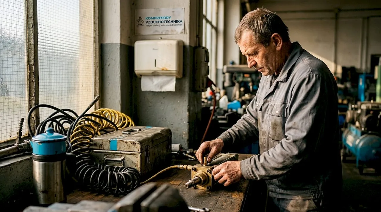 Pracovník údržby kontrolující těsnost pneumatického válce v provozu