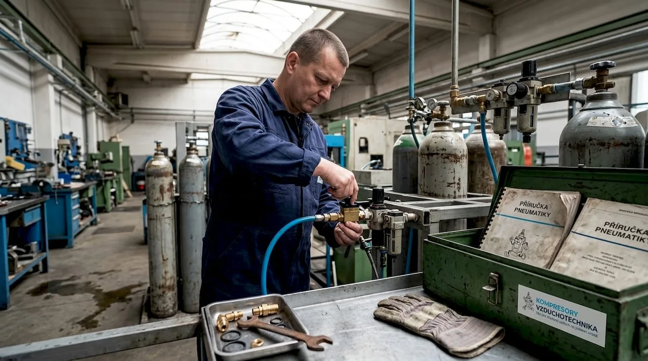 Technik obsluhující pneumatický ventil v průmyslové automatizované hale
