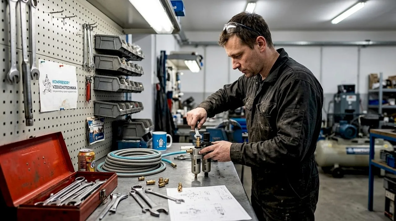 Technik seřizující pneumatický ventil v dílně
