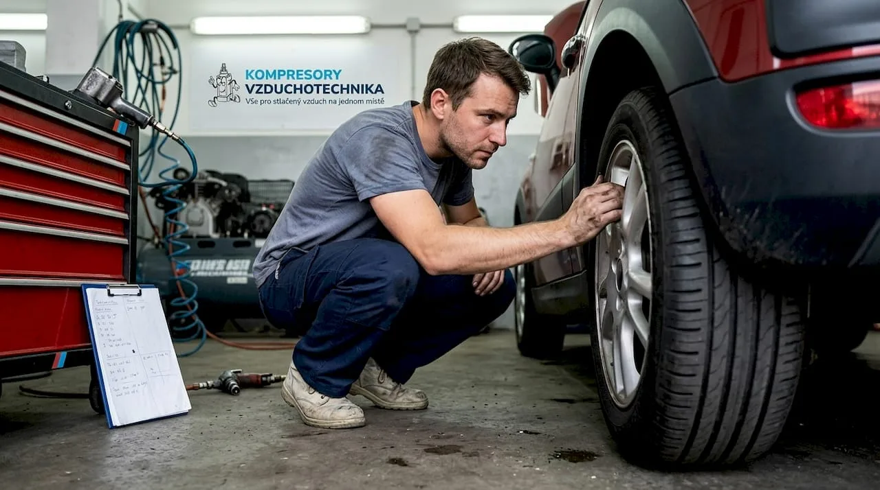 Servisní technik v dílně kontroluje technické údaje na bočnici pneumatiky