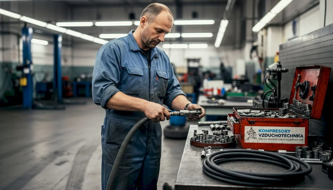 Automechanik připojující pneumatickou hadici k rozvodu vzduchu v dílně