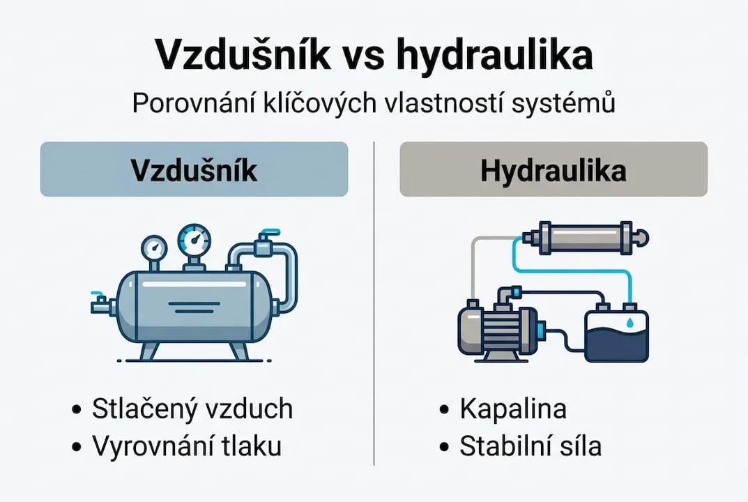 Infografika srovnávající principy pneumatického vzdušníku a hydraulického systému