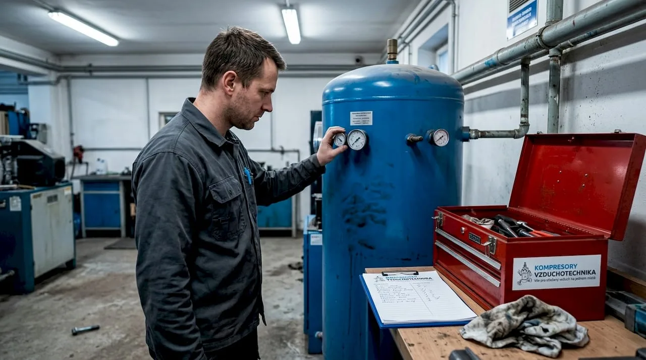 Servisní technik při kontrole tlaku a stavu vzdušníku v průmyslové dílně