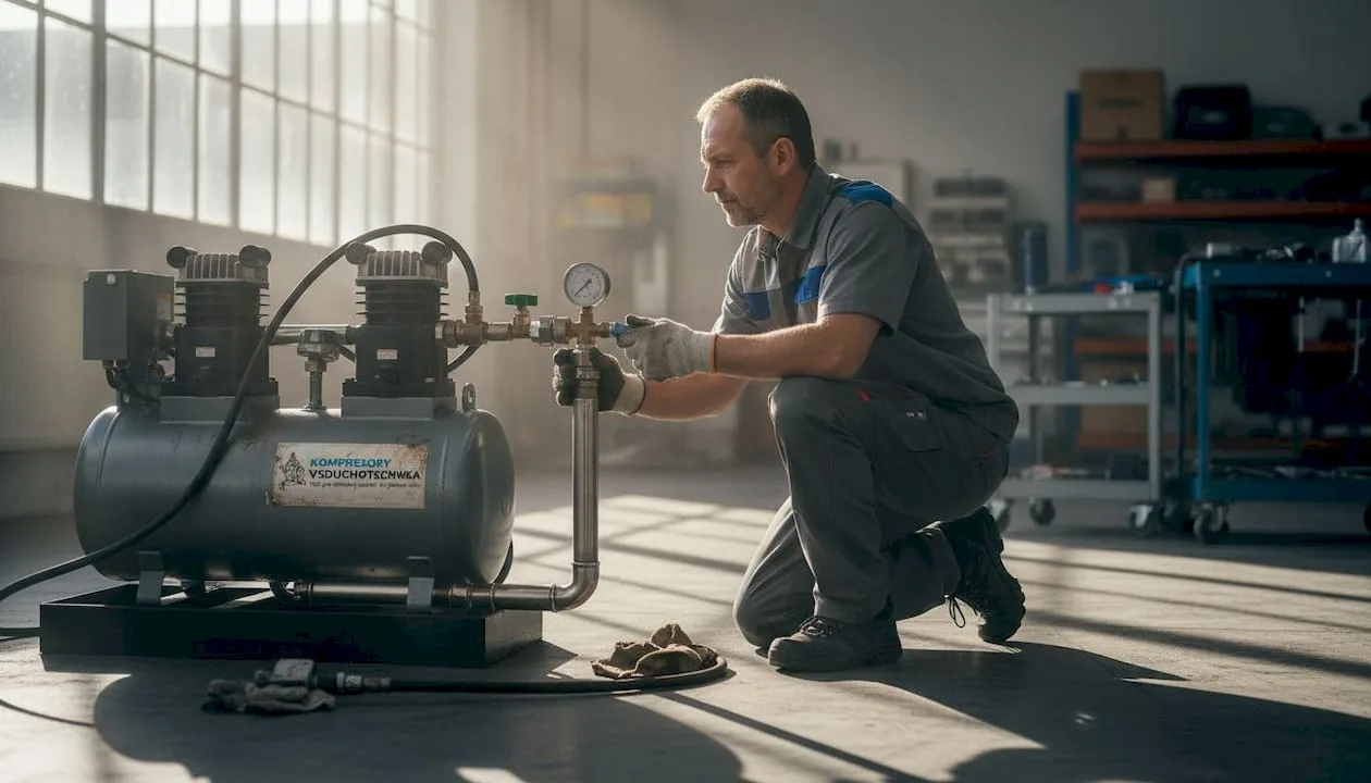 Servisní technik při kontrole tlaku na manometru pneumatického rozvodu