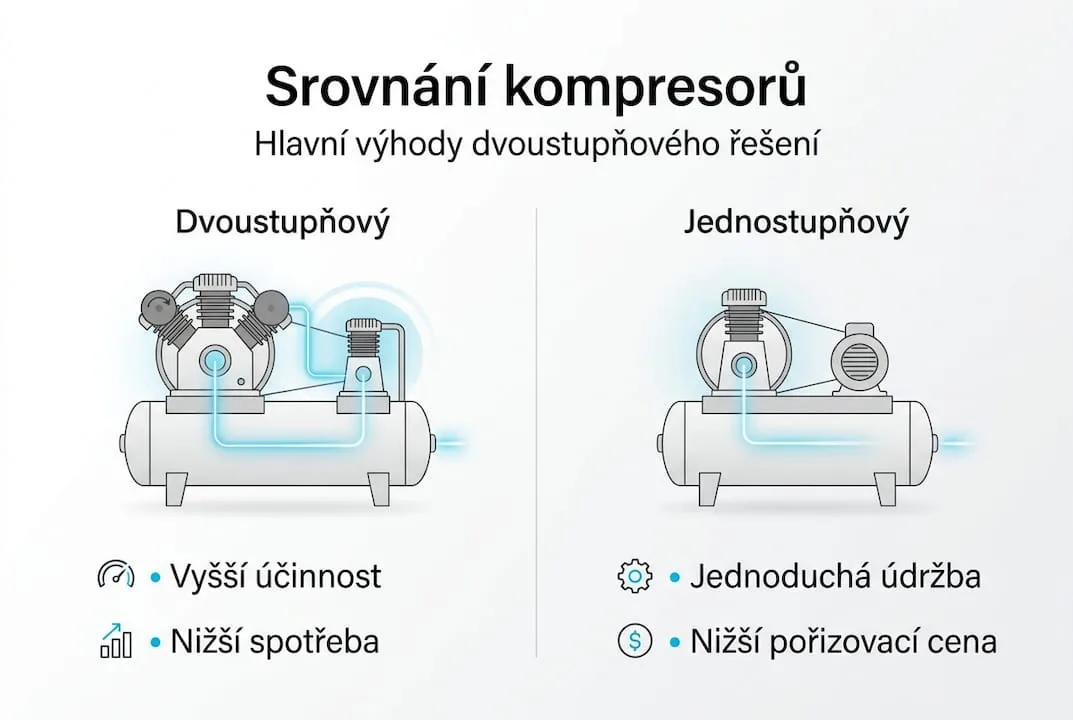 Infografika srovnávající principy jednostupňové a dvoustupňové komprese vzduchu