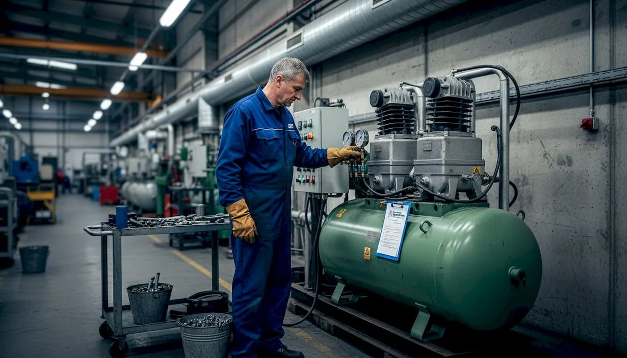 Servisní technik provádějící údržbu průmyslového dvoustupňového kompresoru
