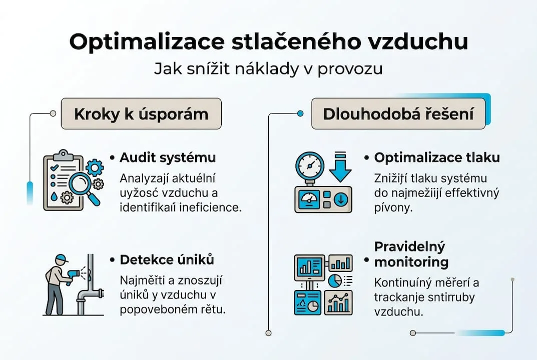 Infografika se souhrnem metod pro úsporu stlačeného vzduchu v provozu