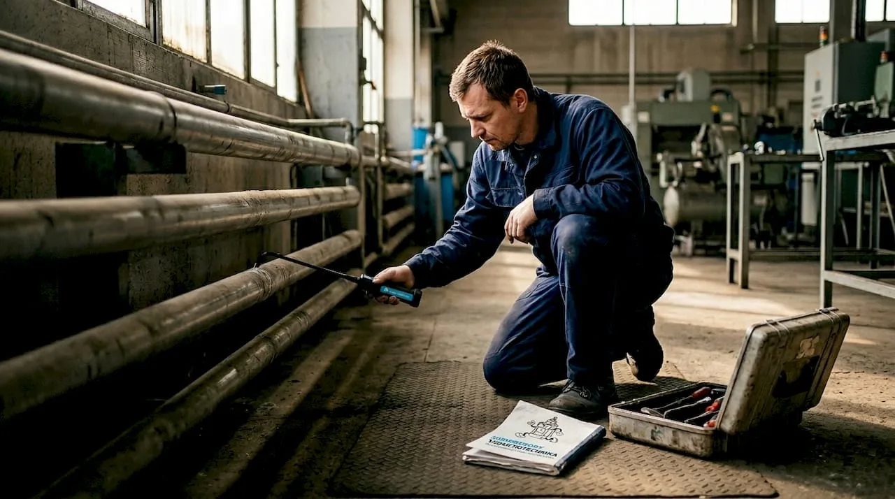 Technik provádějící kontrolu netěsností na vzduchovém potrubí v hale