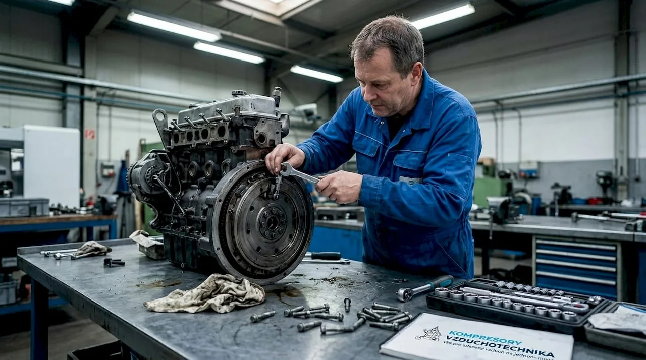 Mechanik seřizuje dekompresor na průmyslovém motoru.