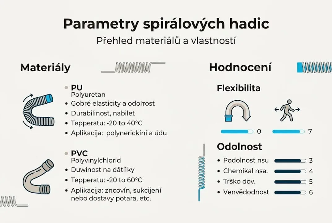 Přehled parametrů a použitých materiálů u spirálových hadic v infografice