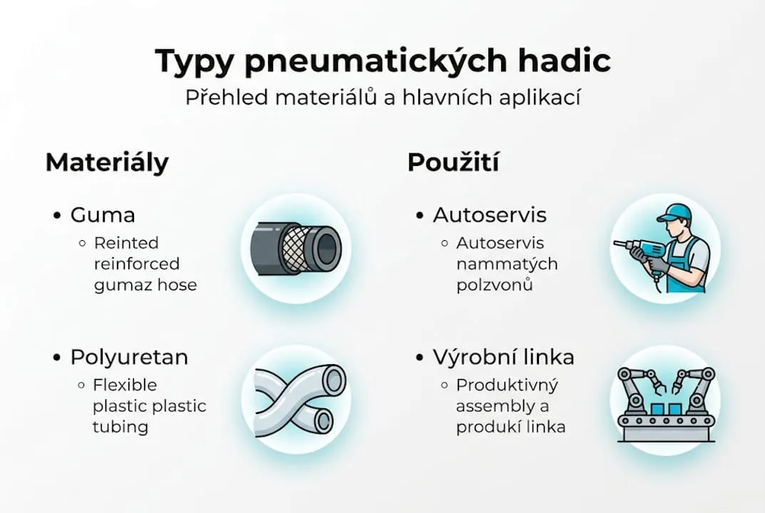 Přehledná infografika: Jaké jsou druhy pneumatických hadic a k čemu se používají