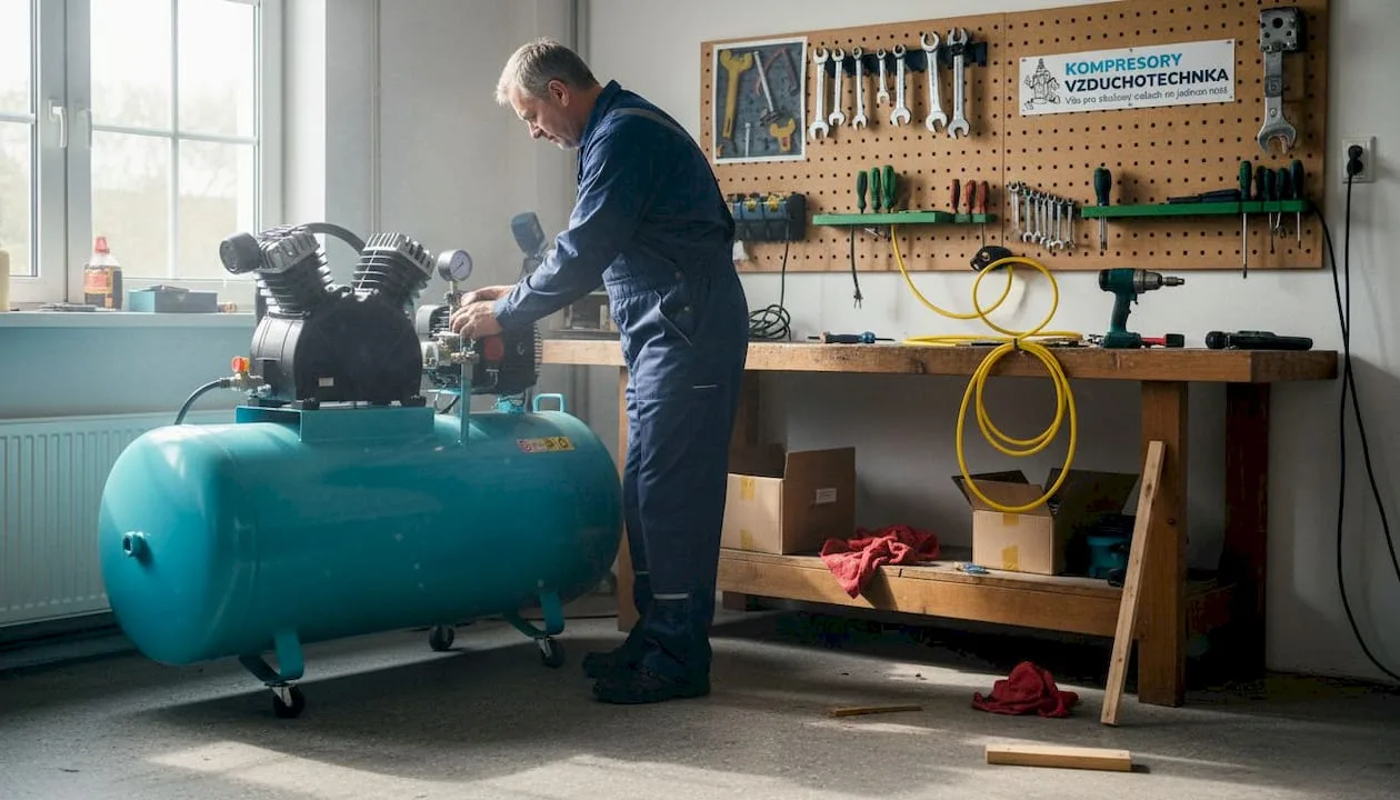 Servisní technik seřizuje kompresor v dílně.
