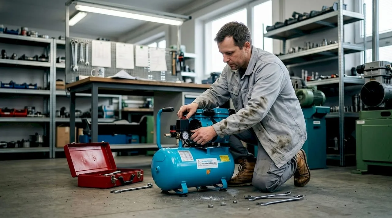 Servisní technik provádí seřízení malého pístového kompresoru v dílně.