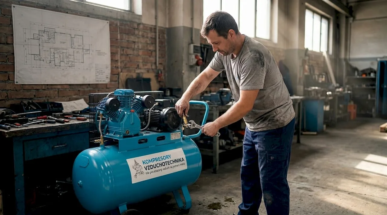 Technik kontroluje kompresor uprostřed rušné dílny.