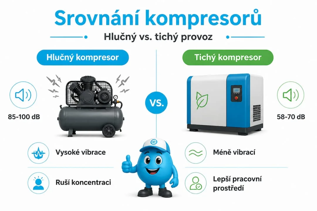 Přehledný obrázek, který ukazuje rozdíly mezi hlučnými a tichými kompresory