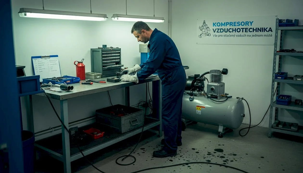 Technik provádí kontrolu pístového kompresoru v dílně.