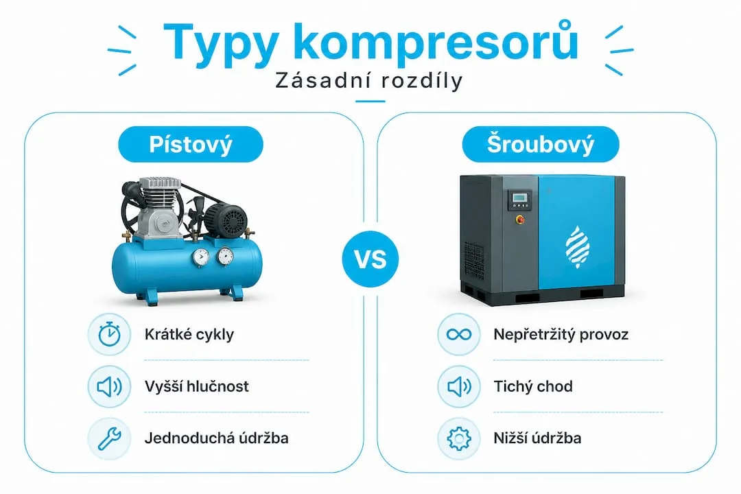 Přehled jednotlivých typů kompresorů v přehledné infografice
