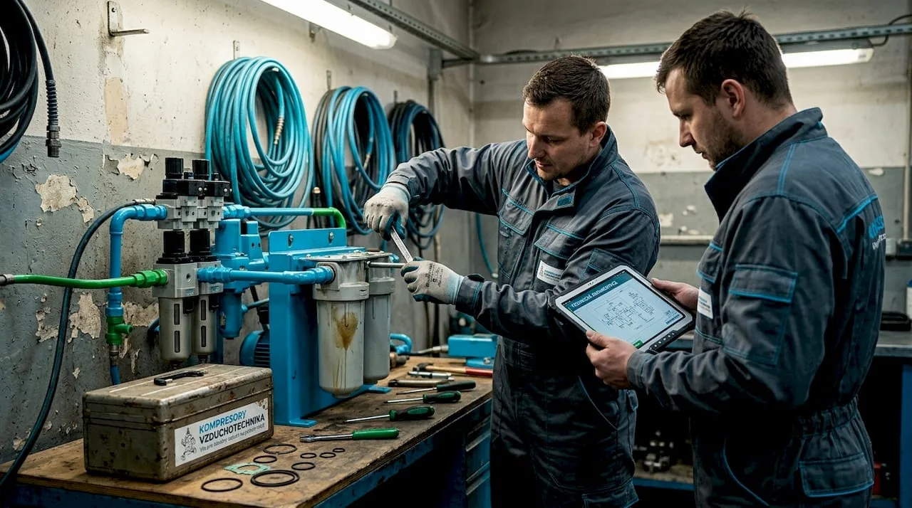 V dílně právě probíhá údržba pneumatického systému. Technici se starají o jeho důkladné vyčištění, aby vše fungovalo bez problémů.