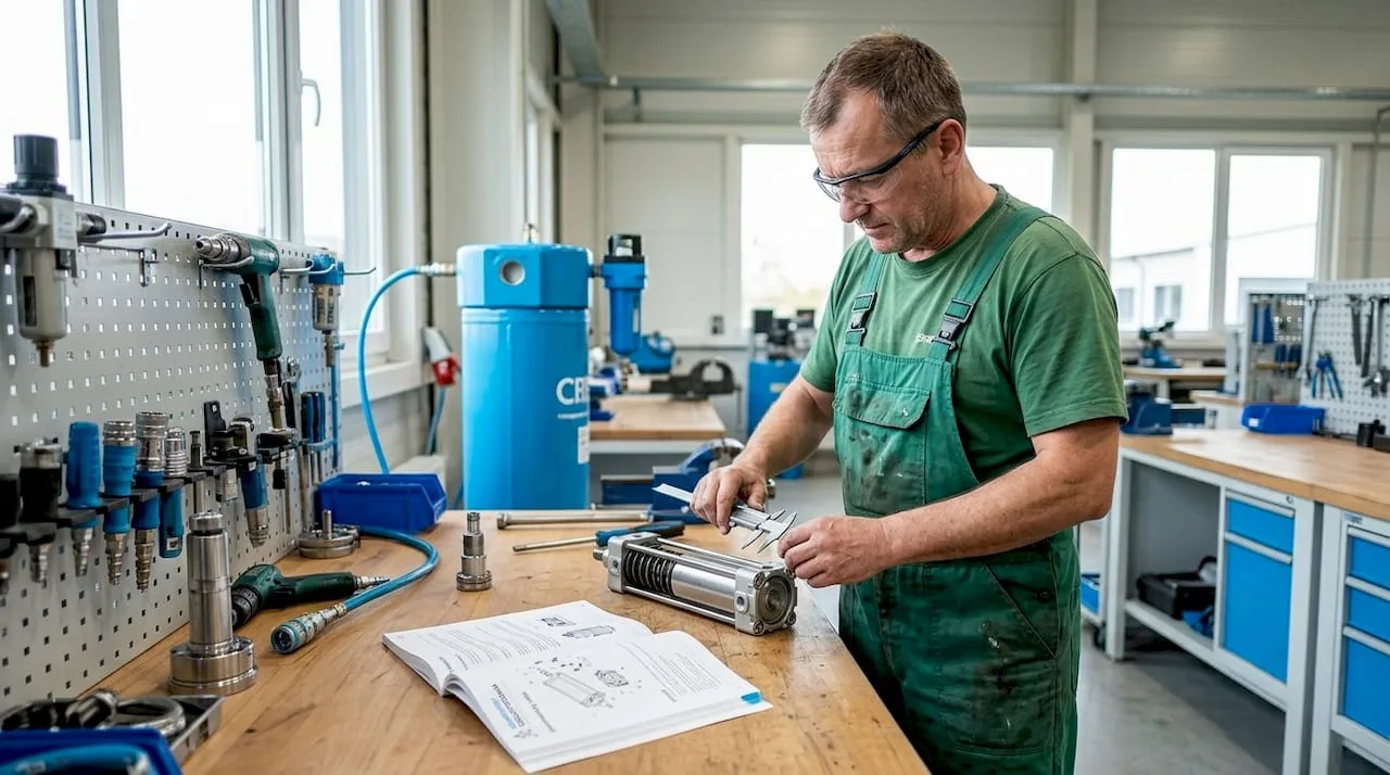 Technik montuje pneumatický pístový válec.