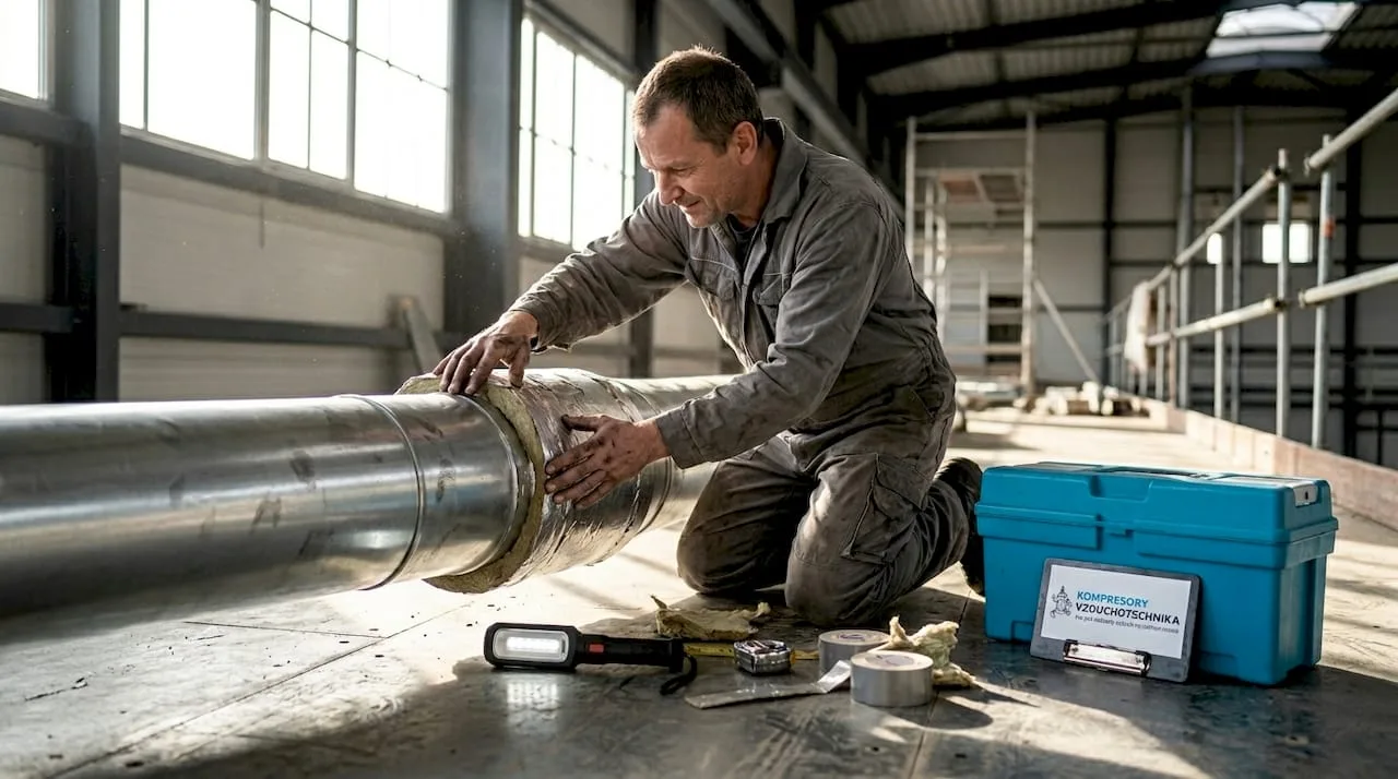 Technik provádí kontrolu průmyslového vzduchotechnického potrubí.