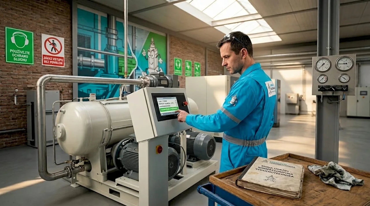 Technician servicing large industrial air compressor