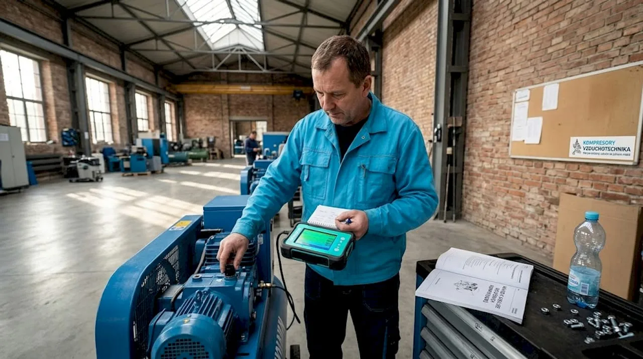 Technik provádí kontrolu a diagnostiku kompresoru ve výrobní hale.